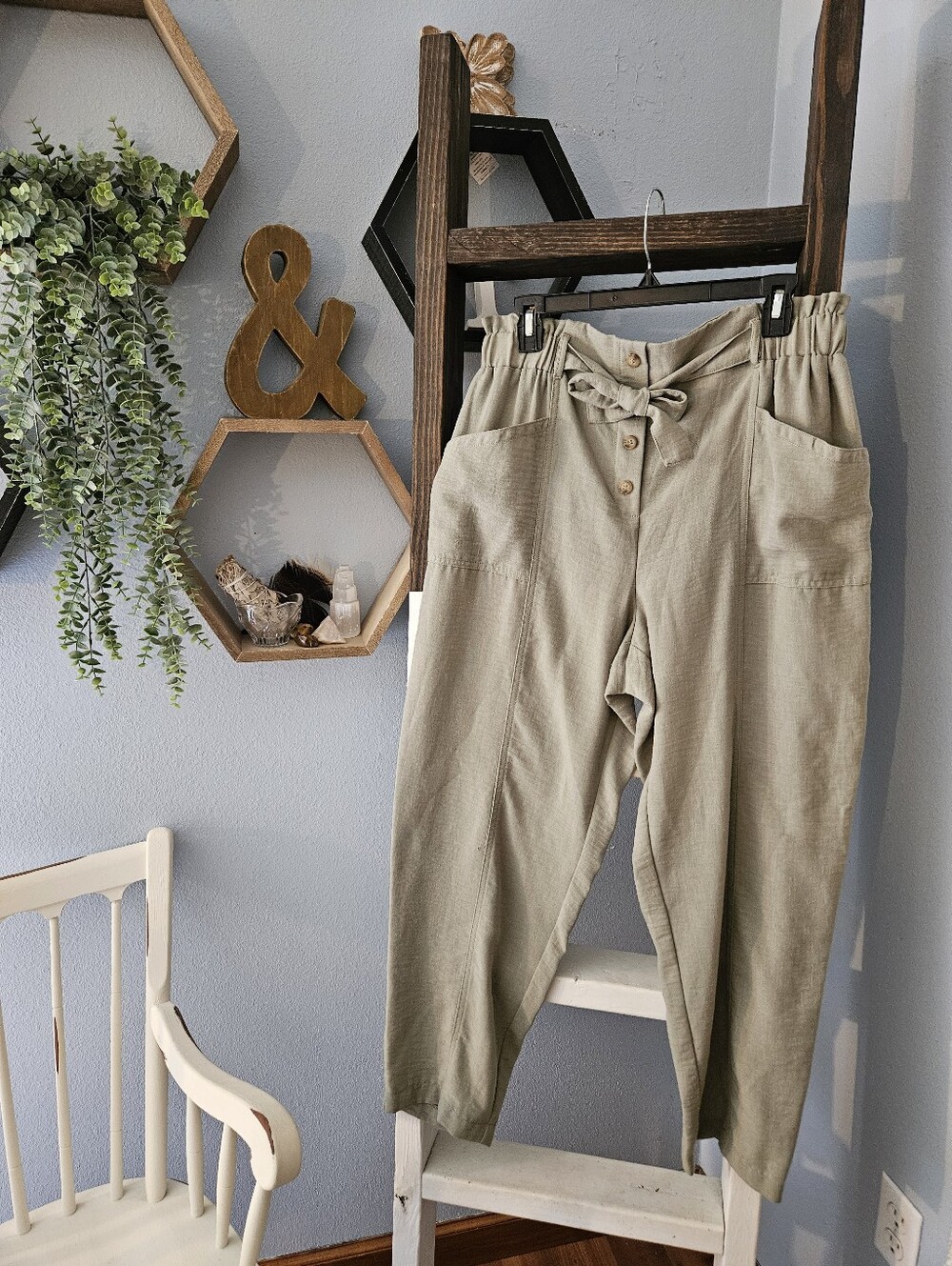 Boho High-Waist Paperbag Utility Barrel Pants - Olive Size Large